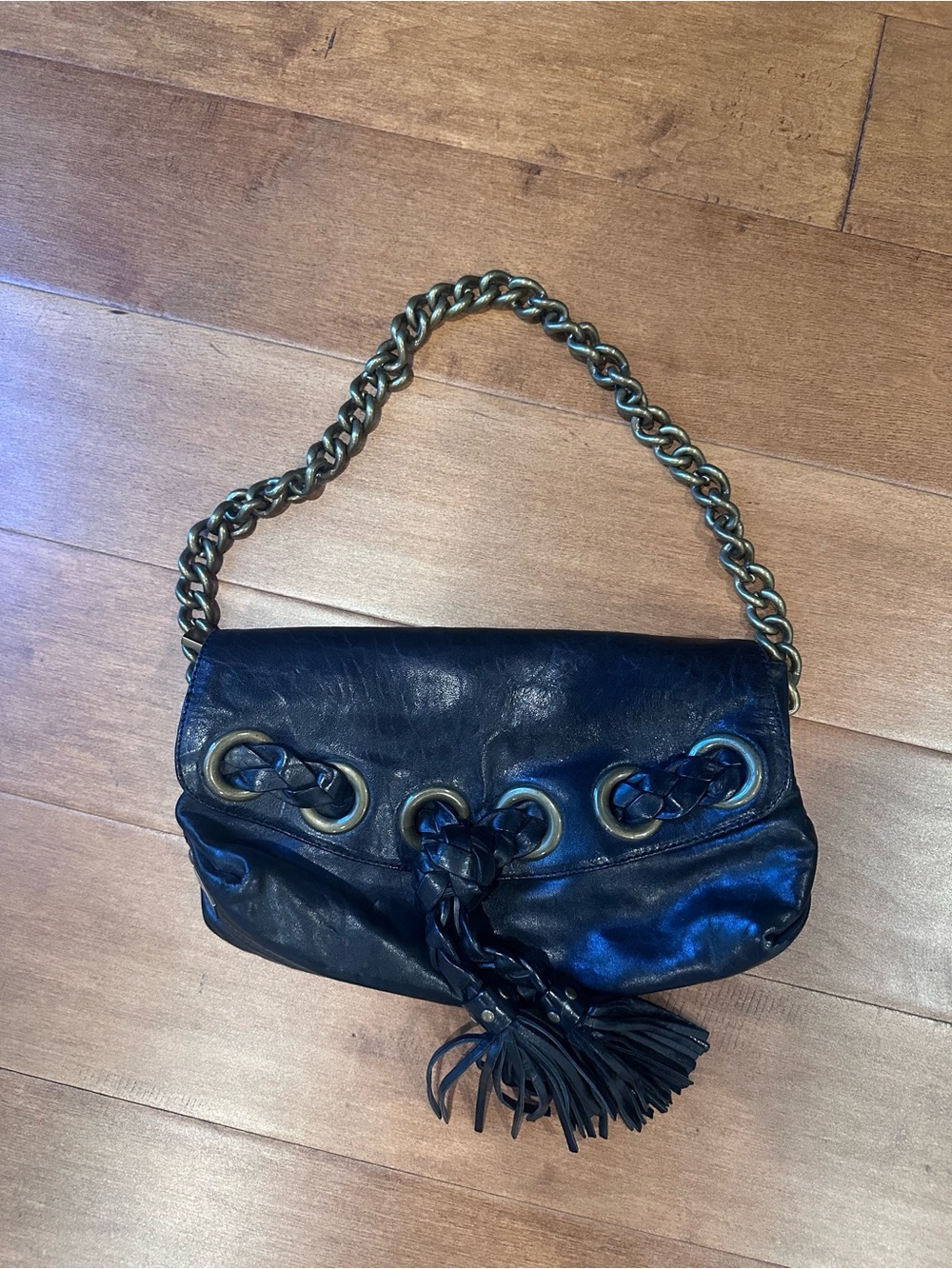 Kooba Black Leather Shoulder Bag Tassel Chain Boho Y2K